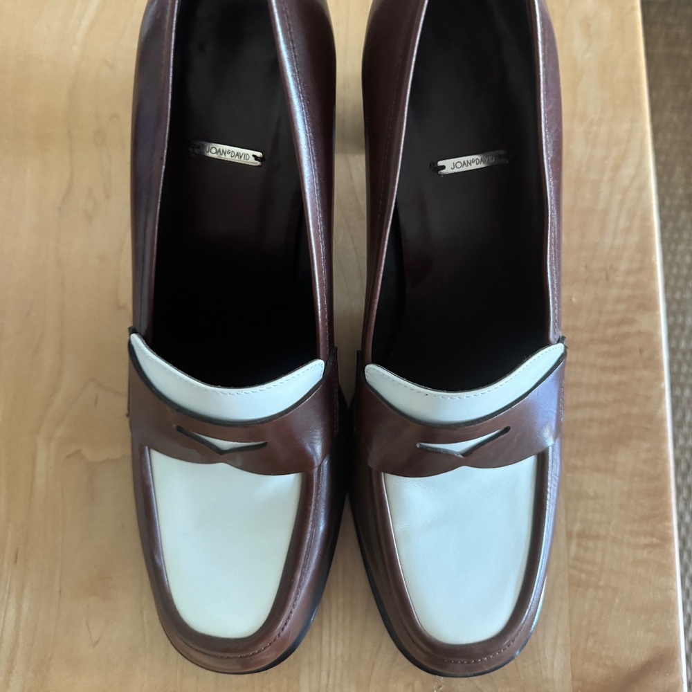 Joan & David High Heel Penny Loafer Pump Size 9.5 Brown and White